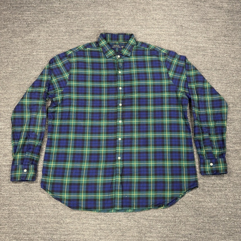 Polo Ralph Lauren Flannel Shirt Men 2XL Windowpane Plaid Tartan Heritage Classic